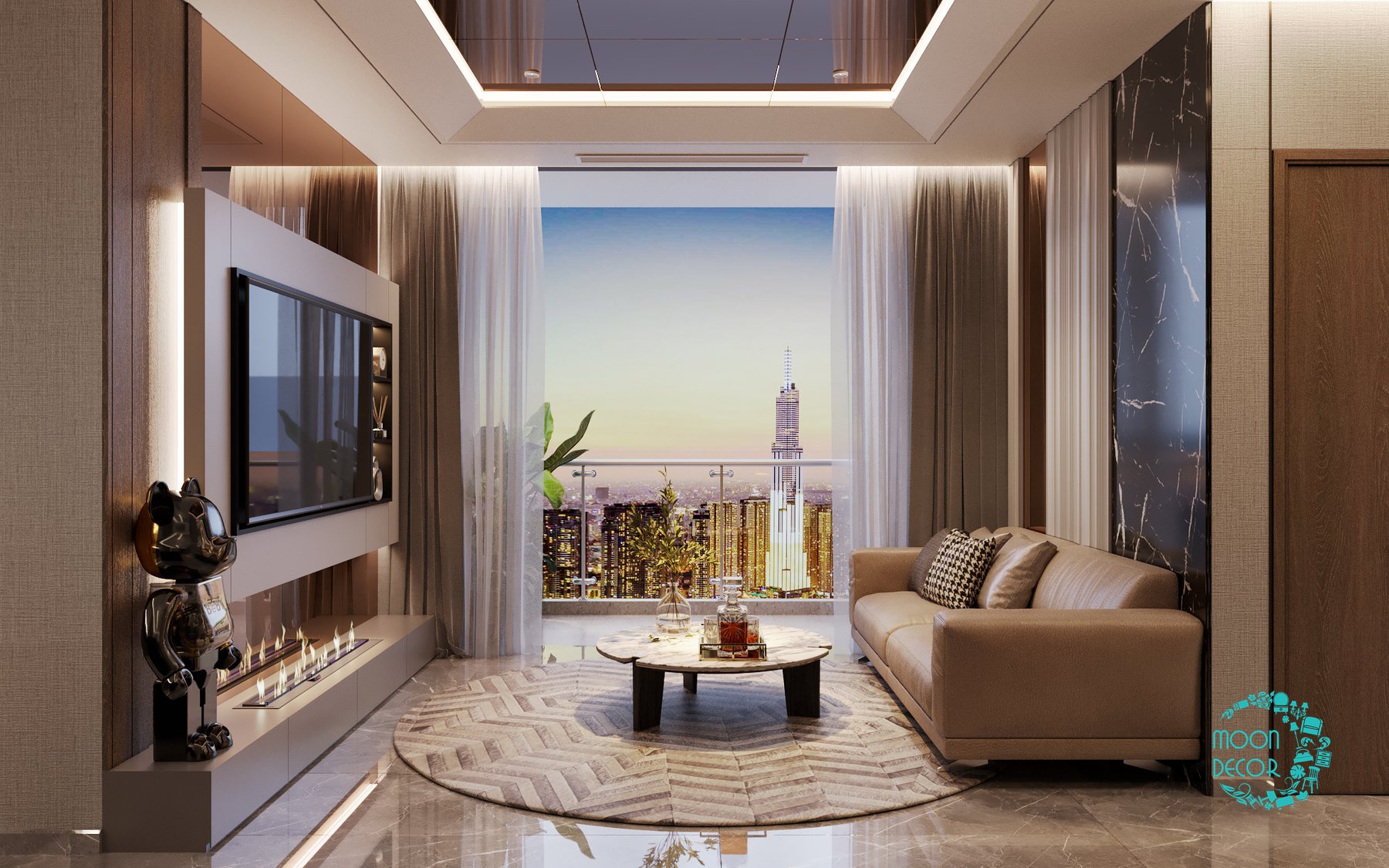 Phòng khách nhìn ra ban công thành phố, sofa nâu và thảm tròn, căn hộ Vinhomes Central Park
