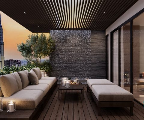 Sân vườn ngoài trời nhìn ra Landmark 81, ghế dài và cây xanh, penthouse The Morning Star