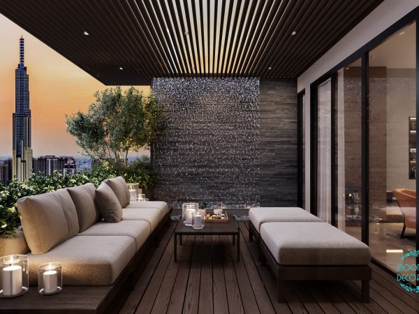 Sân vườn ngoài trời nhìn ra Landmark 81, ghế dài và cây xanh, penthouse The Morning Star