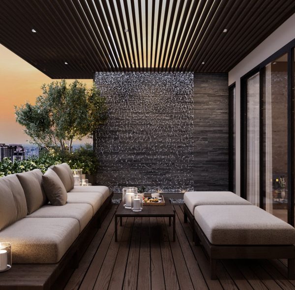 Sân vườn ngoài trời nhìn ra Landmark 81, ghế dài và cây xanh, penthouse The Morning Star